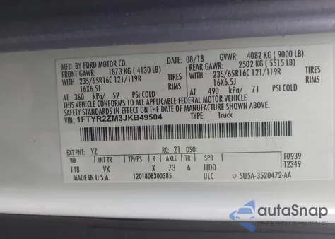 2018 Ford Transit-250 z USA, uszkodzony, nr VIN 1FTYR2ZM3JKB49504